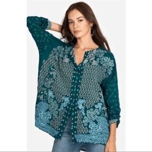 New Johnny Was Yoko All over embroidered Teal Long Sleeve Blouse Sz XS/S